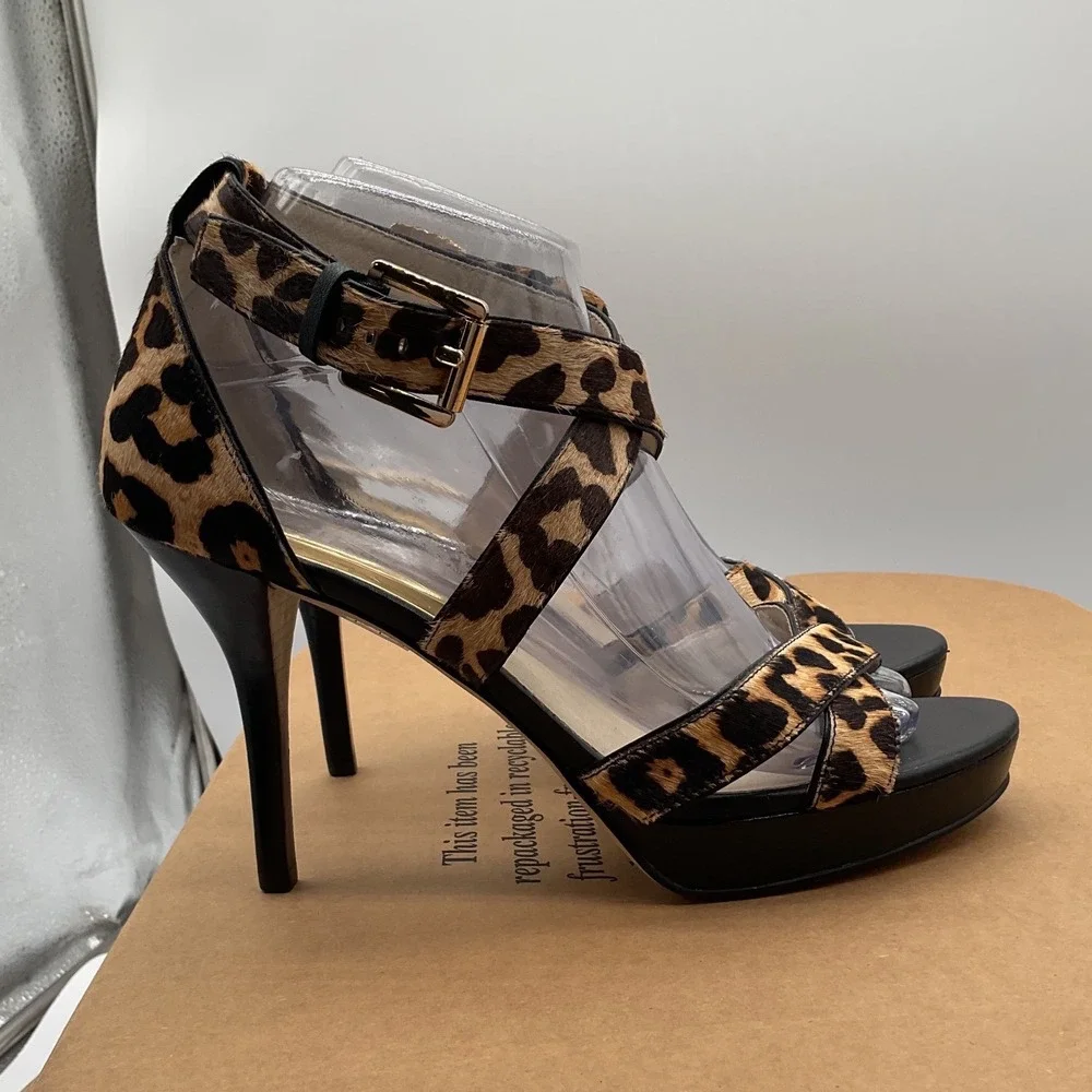 Michael Kors Leopard Calf Hair Platform Sandals Brown‎ Black Stiletto Heels 8M